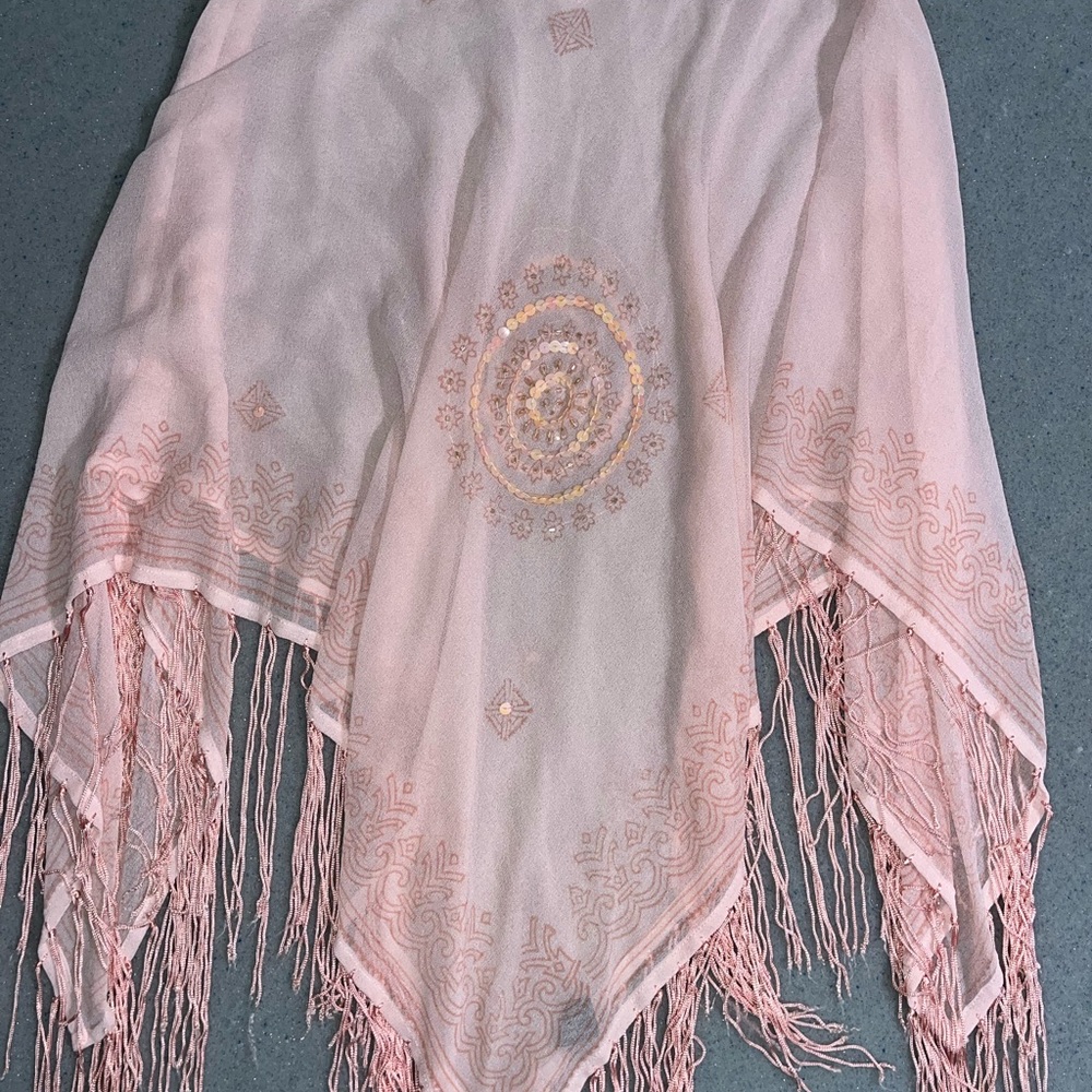 Y2K Pink Embroidered Fringe Shawl